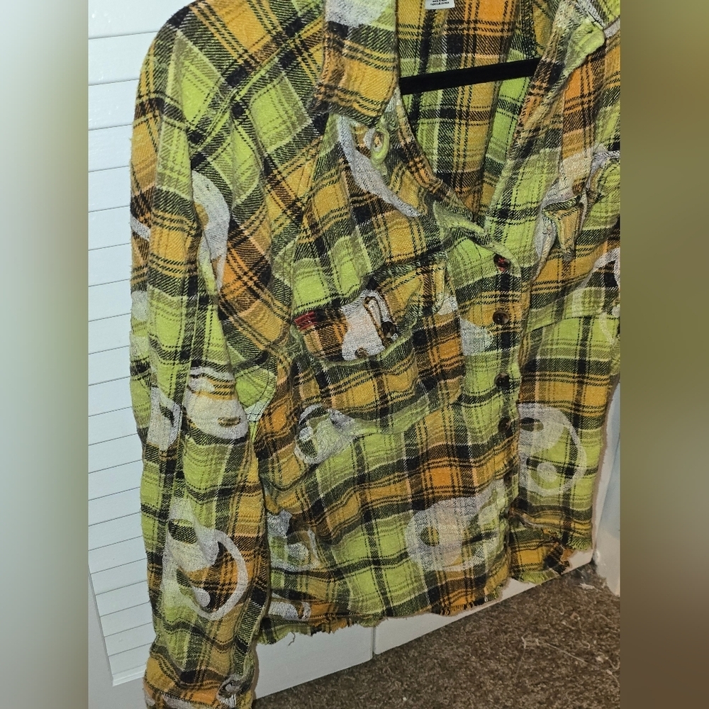 BDG YIN YANG Urban Outfitters Neon Yellow Plaid Flannel Shirt – Size S - Picture 2 of 6